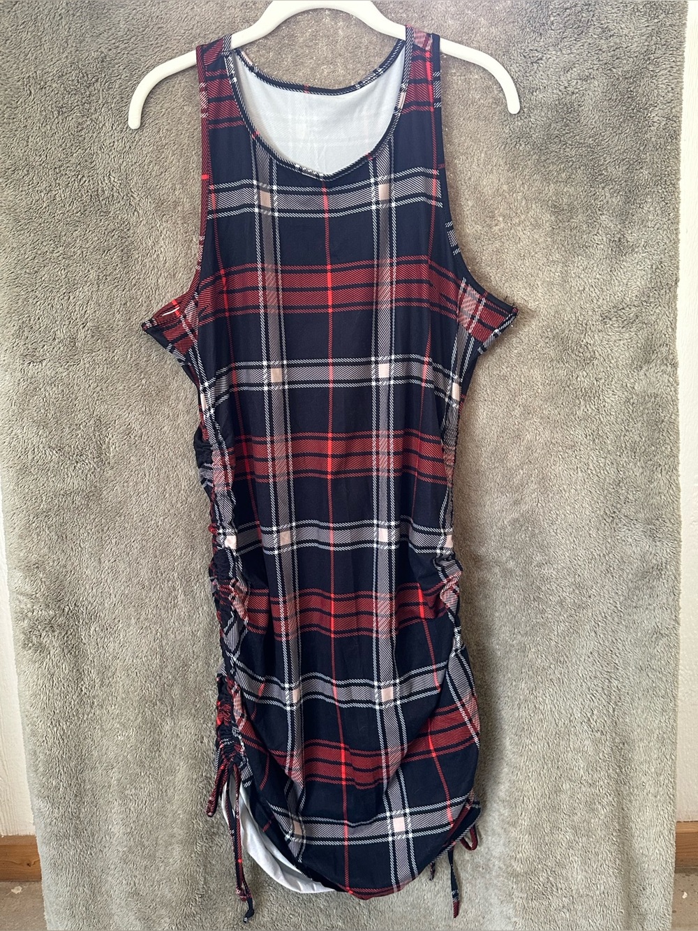 Plaid Sleeveless Ruched Side Dress - Navy & Red